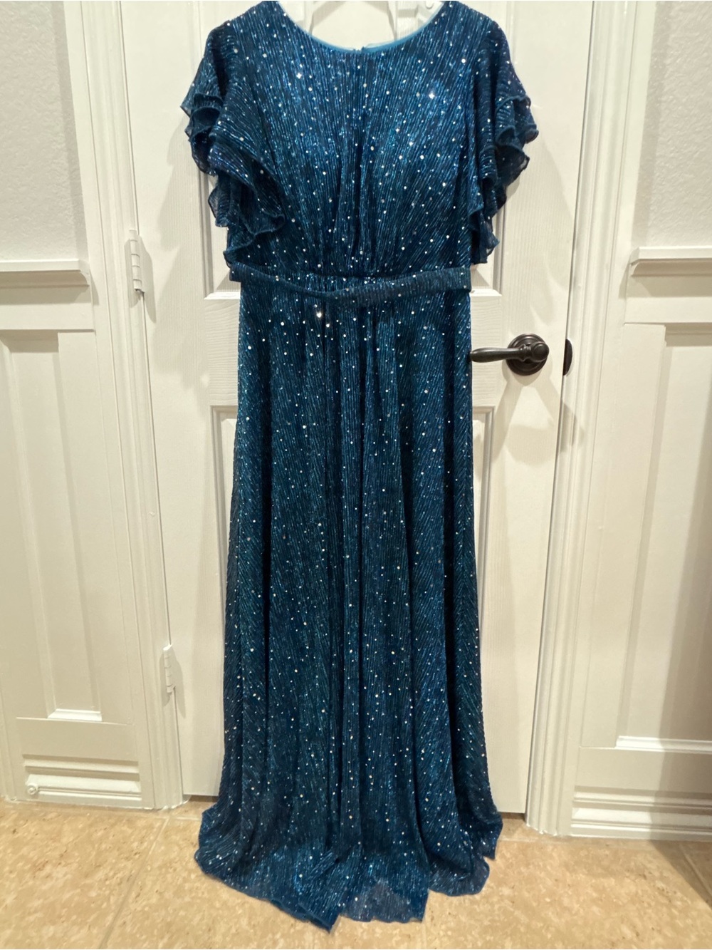 SHEIN Teal Sparkle Ruffle Sleeve Dress